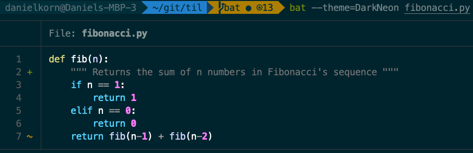 bat DarkNeon theme example showing colorful syntax highlighting