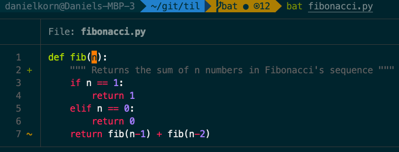 bat git integration example showing diff highlighting