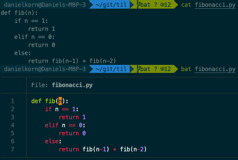 bat syntax highlighting example showing colorful code output